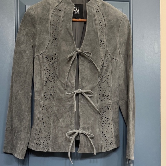 Carlos Falchi Y2K Gray Genuine Leather Suede Tie Front Jacket Laser Cut Size M - Picture 2 of 8